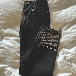 NWT Bebe Rhinestone Fringe Hem Skinny Jeans - Deanne Wash